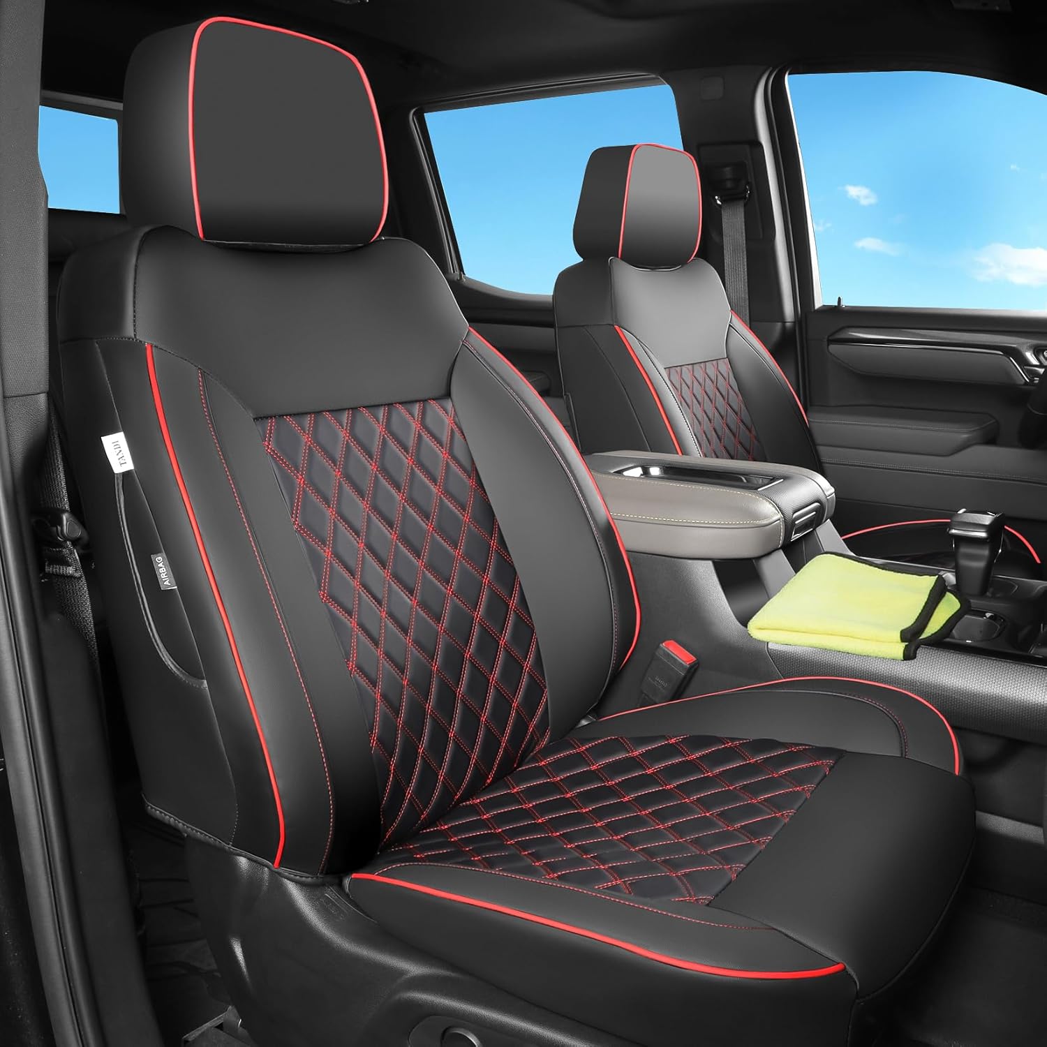 TANDI Fit for Silverado & GMC Sierra Seat Covers with Faux Leather for 2019 2020 2021 2022 2023 2024 2025 Chevy Silverado & GMC Sierra 1500&2020-2025 2500HD 3500HD(Black with Red Trim, Full Set (SG-A)